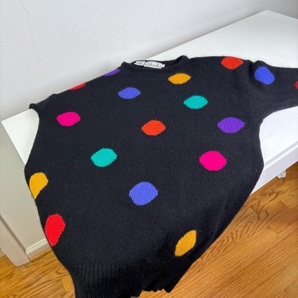 Vintage 90s lambs wool angora rabbit hair multicolor polkadot crewneck sweater M - Picture 5 of 14